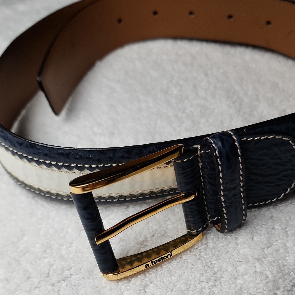 A. Testoni Elegant Black and White Leather Belt Size 110/44 Preowned